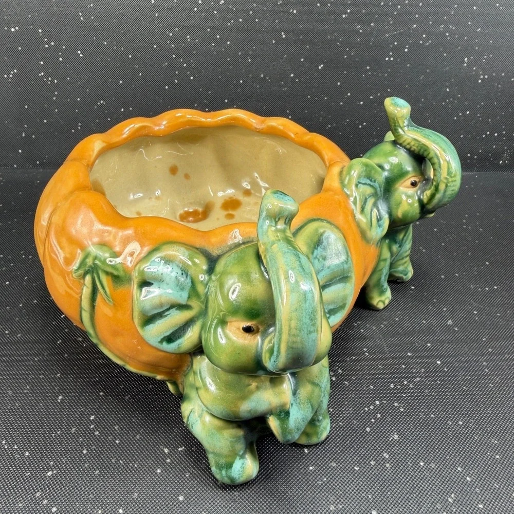 Vintage Majolica Style Elephant Pumpkin Ceramic Planter Green Orange Dish Bowl
